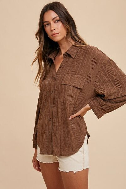 Open Button Down Drop Shoulder Long Sleeve Shirt