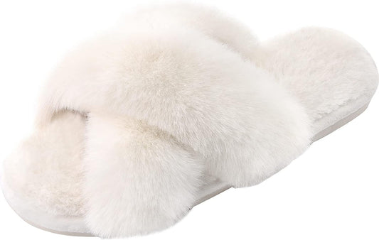 Women's Fuzzy Slippers Cross Band House Shoes