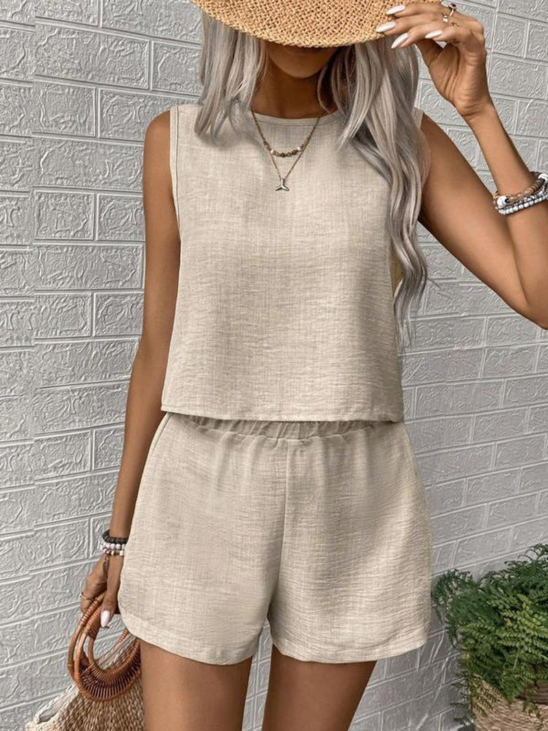 Women's Solid Color Crew Neck Tank & Shorts Two-Piece Set